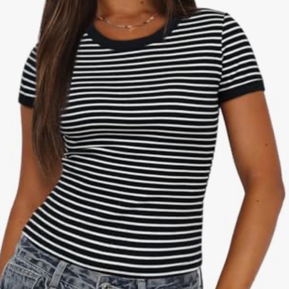 Premise Black & White Stripe Short Sleeve Knit Top w/ Exposed Brass Rear Zipper.